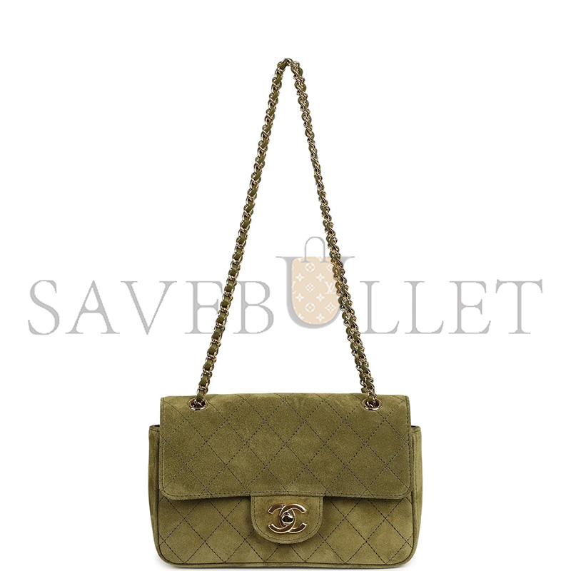 CHANEL MINI SOUPLISSIMO FLAP BAG KHAKI SUEDE GOLD HARDWARE (20*13*6cm)